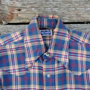 1960s Big Smith Men's S Sanforized Union Made Blue Plaid Western Snap Shirt